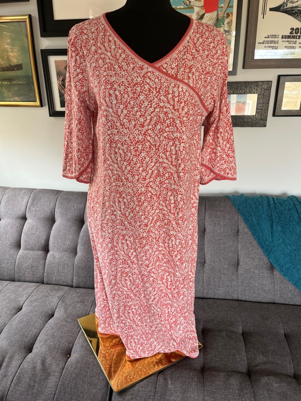 Garnet Hill Organic Cotton Coral-Pink Printed Wrap-Front Nightgown size Medium